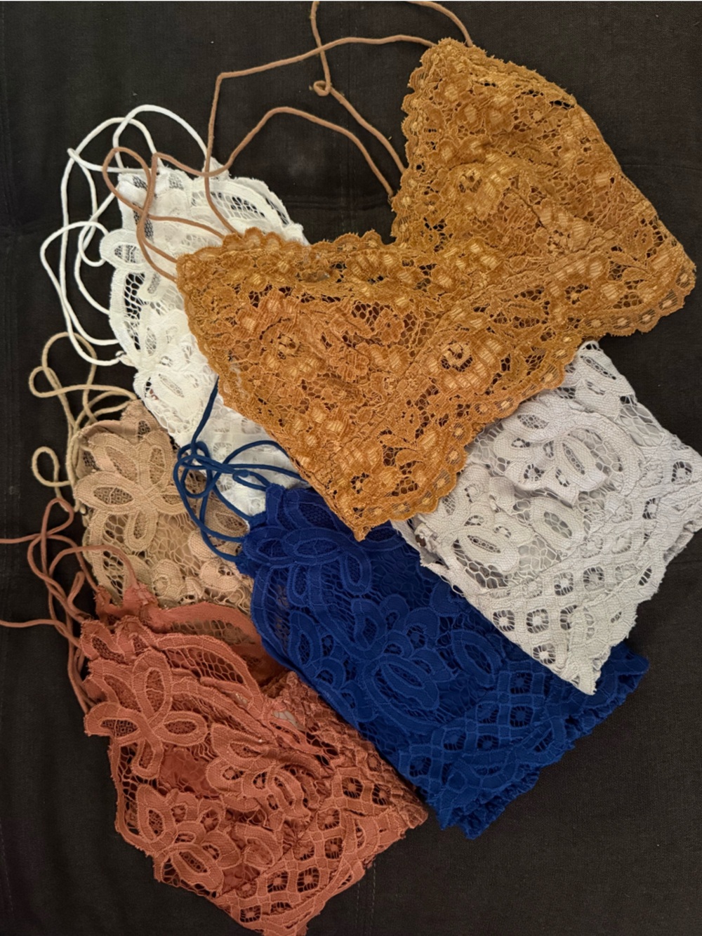 Free People Adella Lace Bralette Set in Mustard (Suede), White, Blue, Rust, Tan